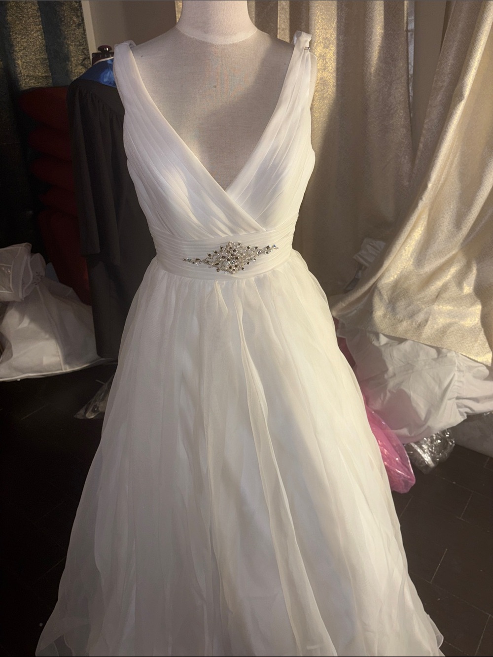 Moonlight Bridal White V-Neck Chiffon A-Line Gown with Beaded Sash